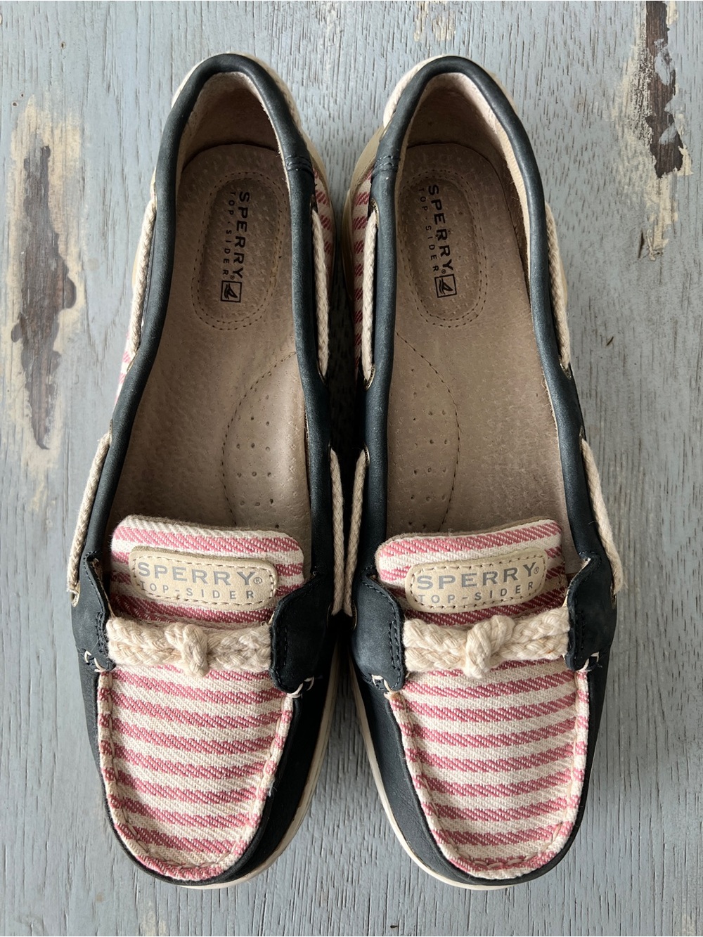 Sperry Navy Leather & Pink Striped Canvas Boat Shoes - Picture 6 of 7